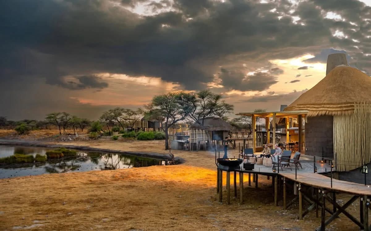 Etosha lodge exterior at sunset
