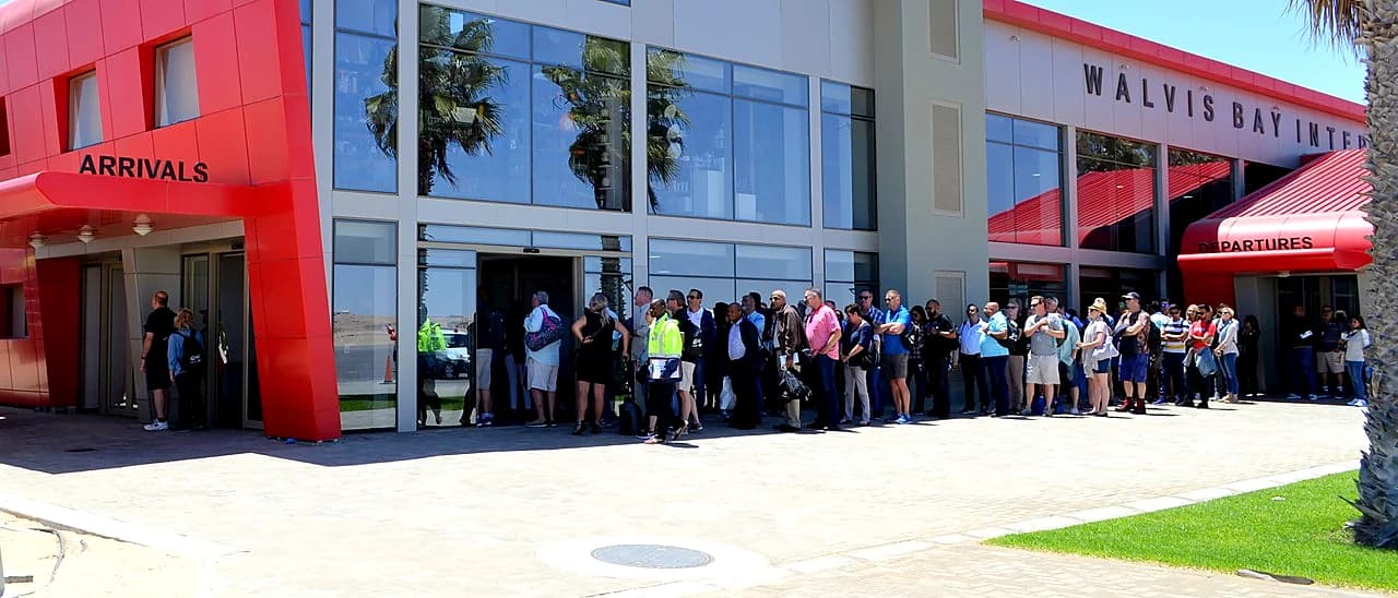 Walvis Bay International Airport terminal with travelers waiting outside