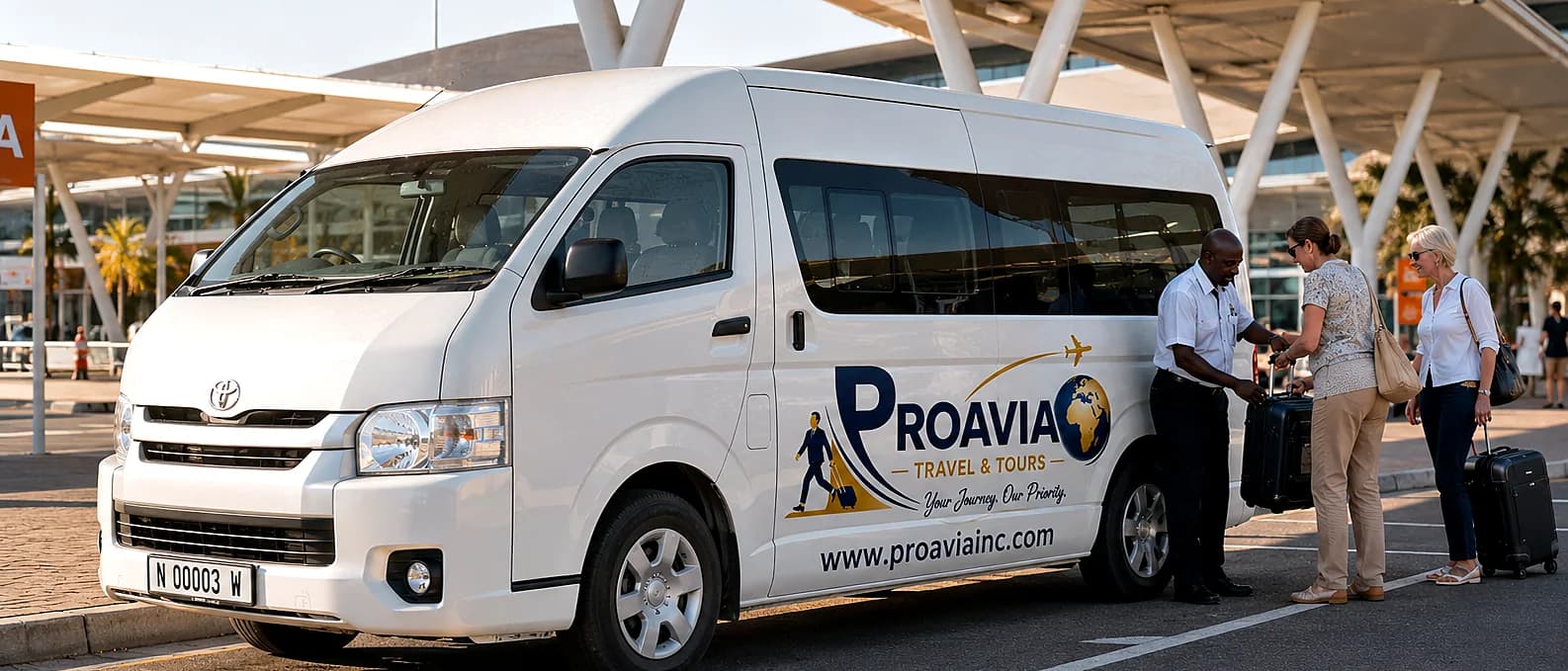 White ProAvia-branded Toyota minivan parked at a Namibian airport terminal