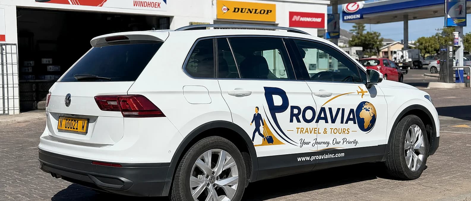 White ProAvia-branded Volkswagen Tiguan parked at a Windhoek tyre service centre